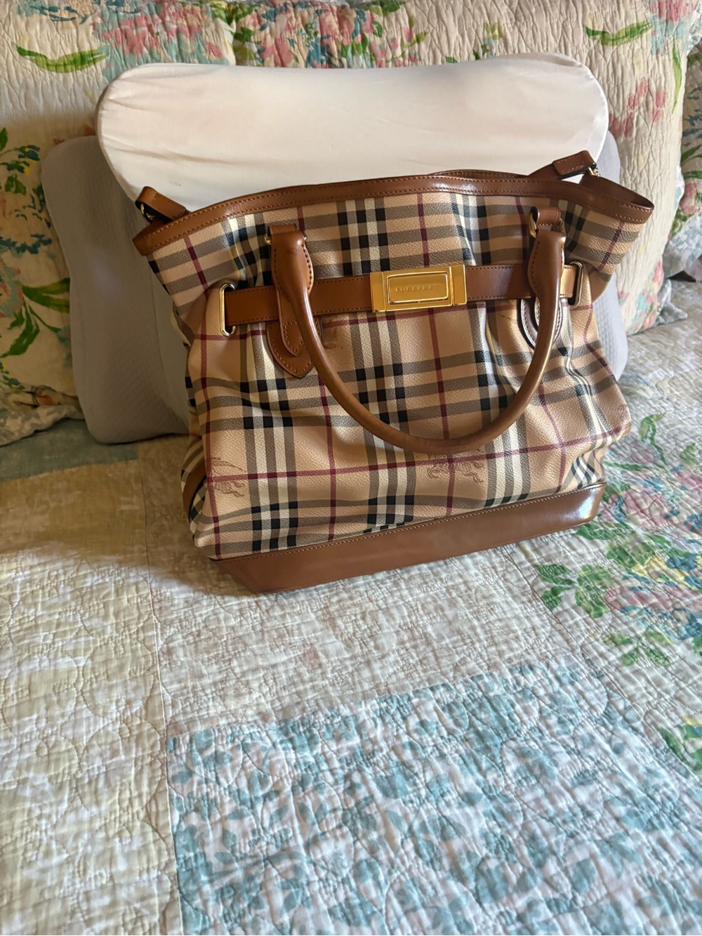 Burberry Styled Tan Check Tote Bag with Leather Trim